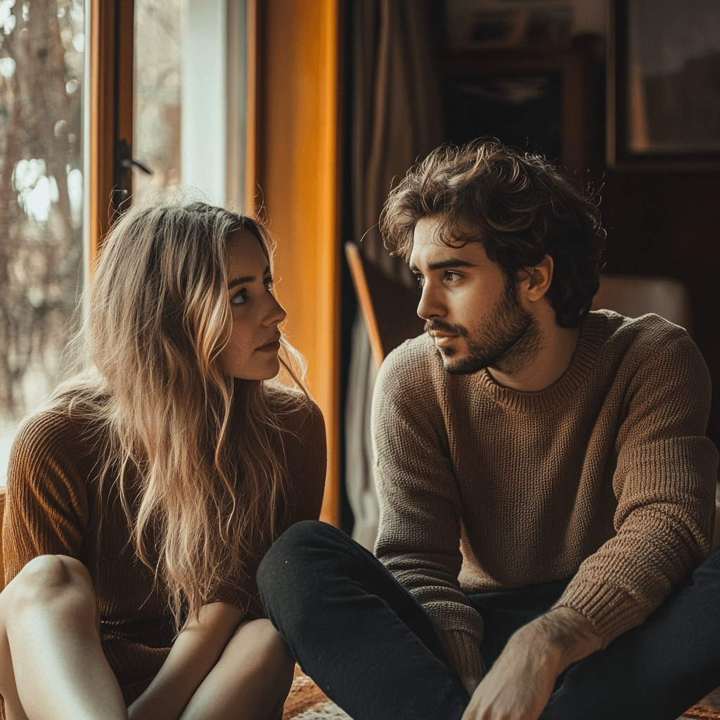 Couple Sitting on Floor Together in Cozy Living Room