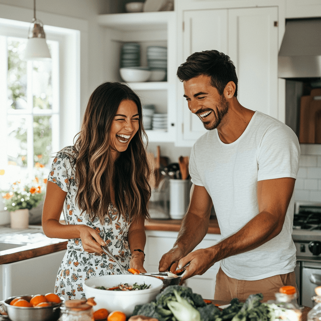Couple Standing in Kitchen Together Cooking and Smiling
