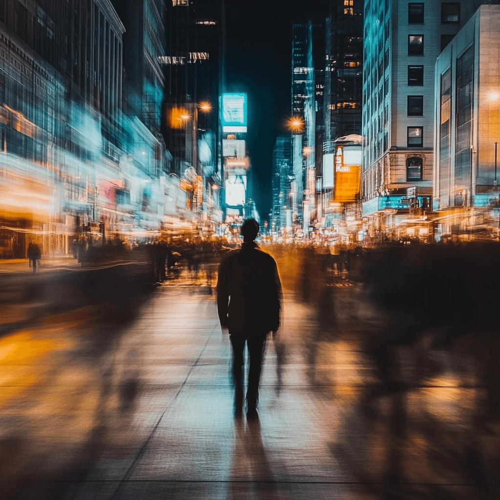 Person Walking Alone in a Busy City Street at Night